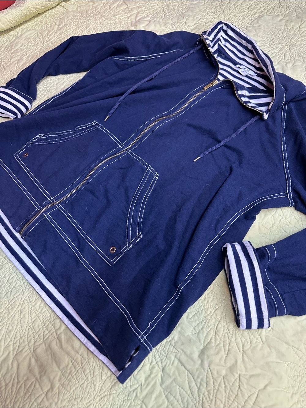 Anne Klein Sport Navy Zip-Up Hoodie with Striped Lining